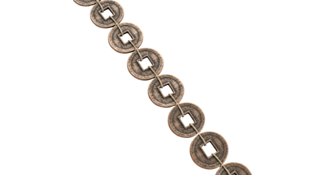 A diagonal line of ancient Asian good luck coins with square holes, strung together with a simple cord, showcasing their textured, weathered bronze surface in a minimalist composition