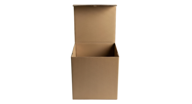 A tall, empty, brown corrugated cardboard shipping box stands open with its top flap raised, viewed from a direct frontal perspective in a simple composition - Powered by Adobe