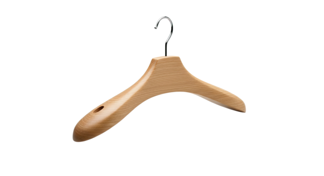An elegant wooden coat hanger with a polished chrome hook, featuring a smooth, minimalist design and wide shoulders for supporting garments, shown in a studio setting