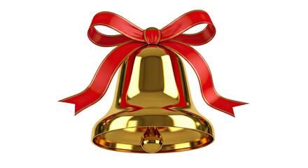 A single shiny golden bell, a classic holiday symbol, is adorned with a large red bow with delicate gold edging, representing a festive and celebratory winter season