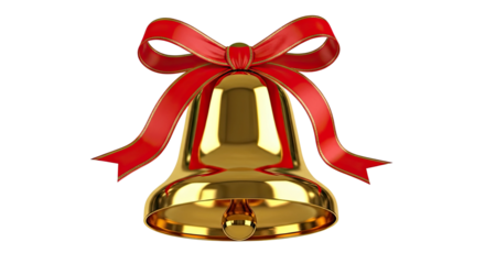 A single shiny golden bell, a classic holiday symbol, is adorned with a large red bow with delicate gold edging, representing a festive and celebratory winter season