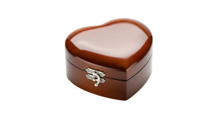 An elegant heart-shaped keepsake box crafted from polished dark wood with a glossy finish and a decorative silver metal clasp, presented from a high angle view for a romantic concept