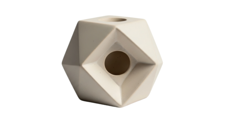 A contemporary light beige vase with an angular, polyhedral form and a textured surface, showcasing a minimalist and architectural design with clean lines and facets