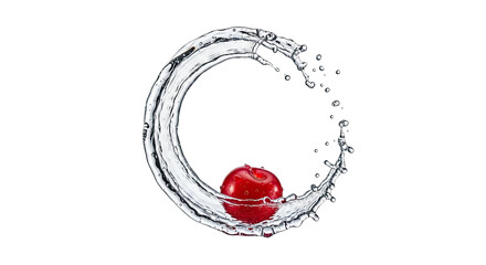 High-speed studio shot of a vibrant red cherry suspended within a swirling vortex of crystal clear water, creating a beautiful and refreshing circular splash