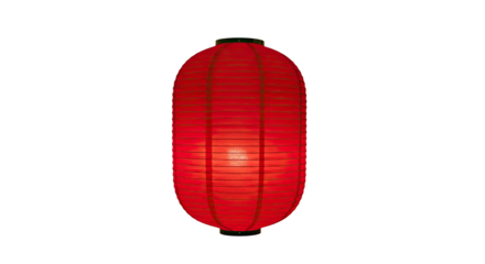 A single traditional red paper lantern with a ribbed texture glows with a warm, soft light, illuminating its vibrant cylindrical shape and cultural design
