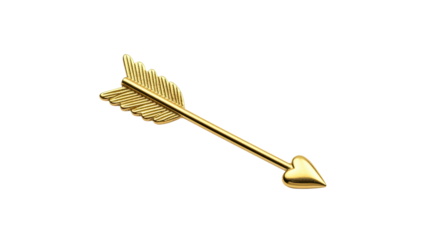 A beautiful golden arrow with a polished heart-shaped tip and detailed fletching, symbolizing love and romance, is captured diagonally in a minimalist and elegant composition