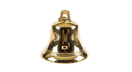 A classic polished brass handbell with a visible clapper and a textured loop handle, captured with studio lighting that creates shiny reflections on its golden surface