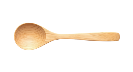 A beautiful handmade wooden ladle with a deep bowl and a textured grain pattern, seen from a top-down perspective in a minimalist composition