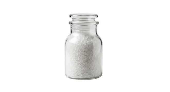 A transparent glass reagent bottle with a matching stopper, filled to the neck with large, coarse white crystals of natural mineral salt for culinary or spa use - Powered by Adobe
