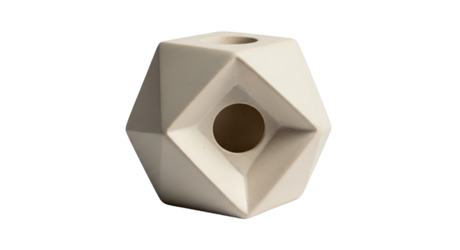 A contemporary light beige vase with an angular, polyhedral form and a textured surface, showcasing a minimalist and architectural design with clean lines and facets