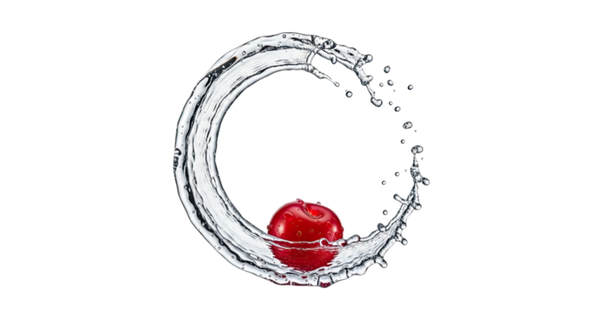 High-speed studio shot of a vibrant red cherry suspended within a swirling vortex of crystal clear water, creating a beautiful and refreshing circular splash