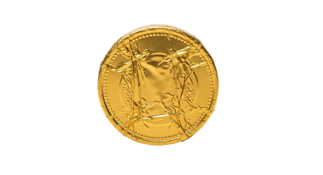 A single round chocolate coin wrapped in shiny, crinkled golden foil, viewed from a top-down perspective with dramatic lighting creating strong reflections on the surface