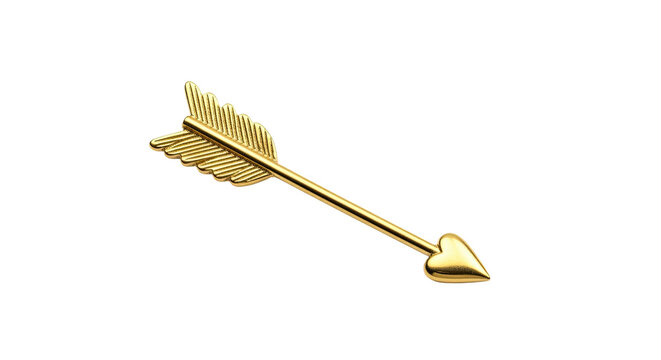A beautiful golden arrow with a polished heart-shaped tip and detailed fletching, symbolizing love and romance, is captured diagonally in a minimalist and elegant composition