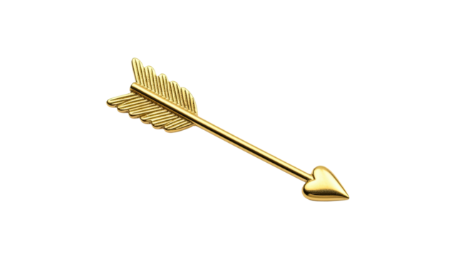 A beautiful golden arrow with a polished heart-shaped tip and detailed fletching, symbolizing love and romance, is captured diagonally in a minimalist and elegant composition
