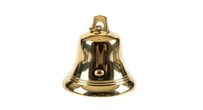 A classic polished brass handbell with a visible clapper and a textured loop handle, captured with studio lighting that creates shiny reflections on its golden surface