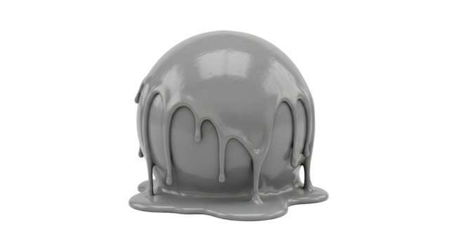 A glossy grey sphere is covered in thick, dripping liquid paint that flows down its smooth surface, creating a modern and abstract visual with shiny highlights