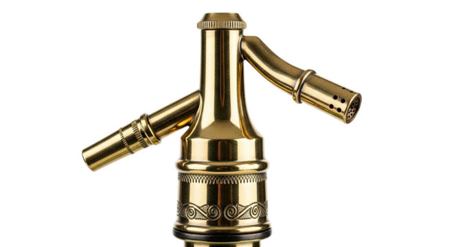 A detailed macro photograph of an antique brass gas burner nozzle featuring two spouts and elegant, intricate engravings on its polished, golden surface