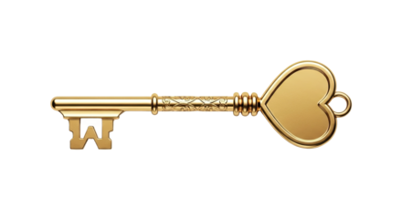 An elegant antique skeleton key made of polished gold, featuring intricate decorative engravings and a lovely heart-shaped bow, symbolizing love and mystery