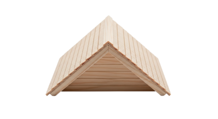 A meticulously crafted architectural model of a pitched gable roof made from natural light wood, showcasing the detailed construction of timber shingles and framing