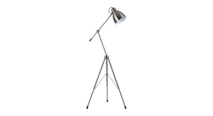 A modern industrial style floor lamp with a brushed metallic finish, featuring a fully adjustable articulated arm and a stable, sleek tripod base for directional lighting