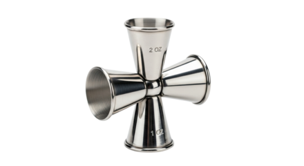 A stainless steel multi-level cocktail jigger with four measuring cups for professional bartending, showing one and two ounce markings on the brushed metallic surface
