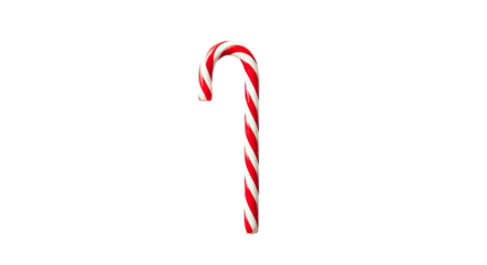 A festive red and white striped candy cane, a classic symbol of the Christmas holiday season, is presented with a glossy finish and a traditional hooked shape