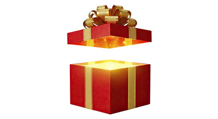 A magical red gift box with a textured gold ribbon and bow opens to reveal a mysterious bright light and sparkling particles, creating a sense of wonder and excitement