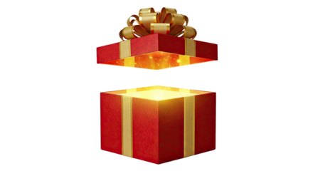 A magical red gift box with a textured gold ribbon and bow opens to reveal a mysterious bright light and sparkling particles, creating a sense of wonder and excitement