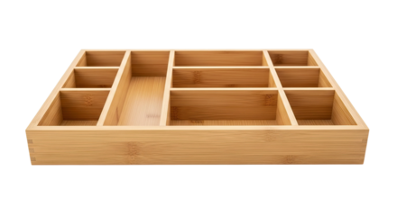 An empty wooden bamboo drawer organizer with multiple compartments and dividers for storage and organization, shown from a high angle perspective in a clean, minimalist style