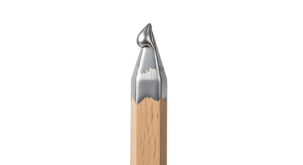 Conceptual macro shot of a simple wooden pencil transformed with a liquid silver metallic tip that forms a smooth, reflective, and futuristic droplet