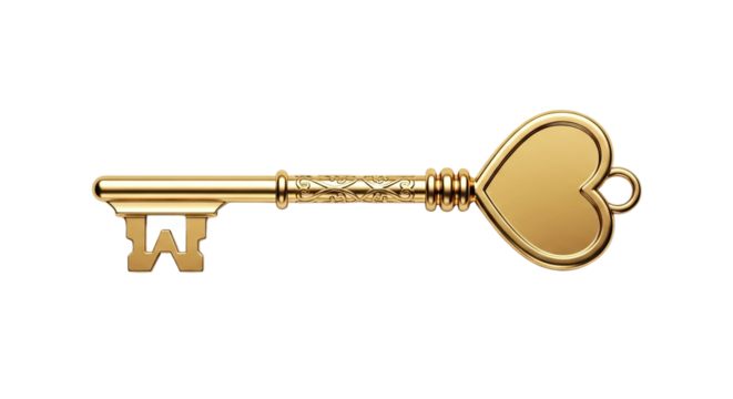 An elegant antique skeleton key made of polished gold, featuring intricate decorative engravings and a lovely heart-shaped bow, symbolizing love and mystery