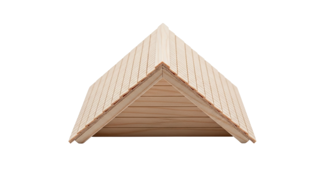 A meticulously crafted architectural model of a pitched gable roof made from natural light wood, showcasing the detailed construction of timber shingles and framing