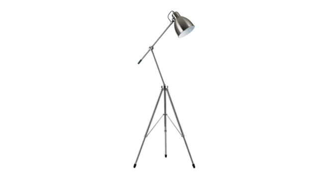 A modern industrial style floor lamp with a brushed metallic finish, featuring a fully adjustable articulated arm and a stable, sleek tripod base for directional lighting