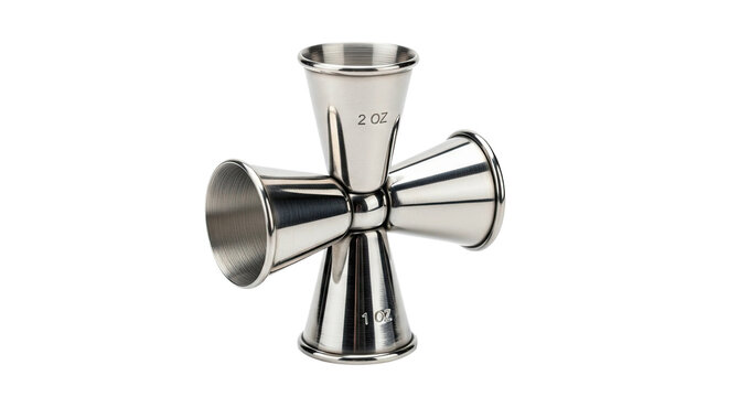 A stainless steel multi-level cocktail jigger with four measuring cups for professional bartending, showing one and two ounce markings on the brushed metallic surface