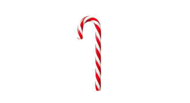 A festive red and white striped candy cane, a classic symbol of the Christmas holiday season, is presented with a glossy finish and a traditional hooked shape