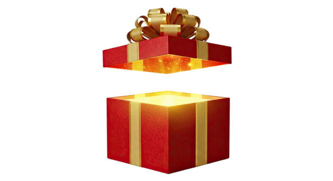 A magical red gift box with a textured gold ribbon and bow opens to reveal a mysterious bright light and sparkling particles, creating a sense of wonder and excitement