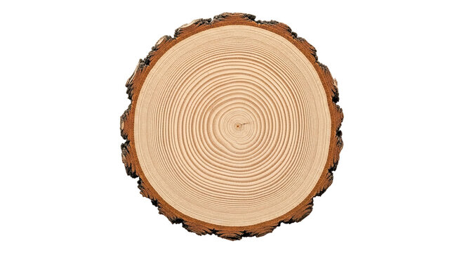 A detailed top-down view of a round tree trunk cross-section showing the intricate pattern of annual growth rings, the rough texture of the bark, and the natural grain of the timber