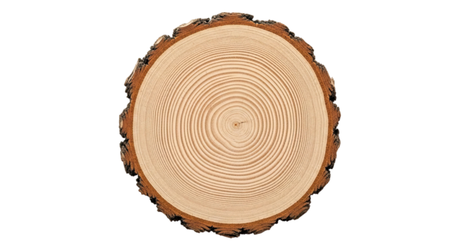 A detailed top-down view of a round tree trunk cross-section showing the intricate pattern of annual growth rings, the rough texture of the bark, and the natural grain of the timber