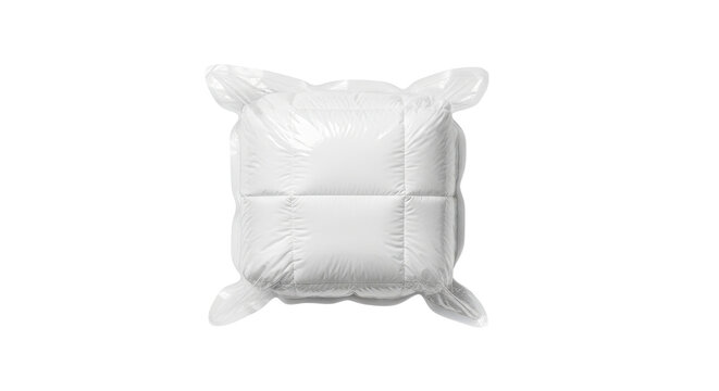 Top-down view of a new white square cushion compressed in a shiny, clear vacuum storage bag, showing the wrinkled plastic and soft, puffy textile