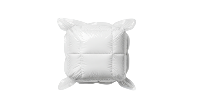 Top-down view of a new white square cushion compressed in a shiny, clear vacuum storage bag, showing the wrinkled plastic and soft, puffy textile
