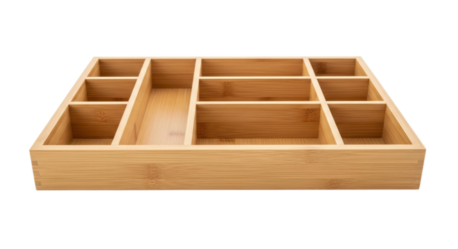 An empty wooden bamboo drawer organizer with multiple compartments and dividers for storage and organization, shown from a high angle perspective in a clean, minimalist style