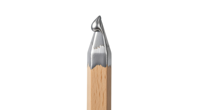 Conceptual macro shot of a simple wooden pencil transformed with a liquid silver metallic tip that forms a smooth, reflective, and futuristic droplet