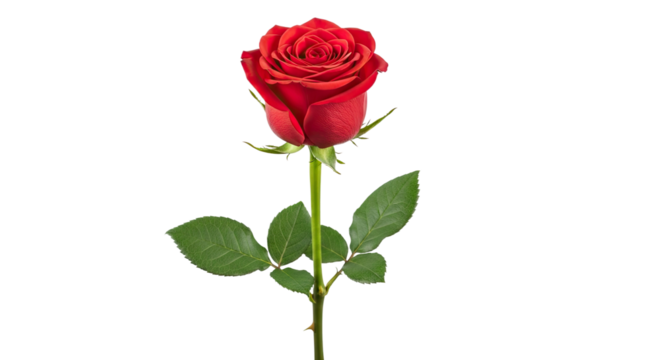 A single, elegant red rose in full bloom stands tall on its long green stem, displaying vibrant petals, lush leaves, and delicate thorns in a classic, romantic composition - Powered by Adobe
