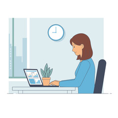 Focused woman analyzing data on laptop in modern office, enhancing productivity and achieving business goals with insightful analytics, showcasing success and professional growth