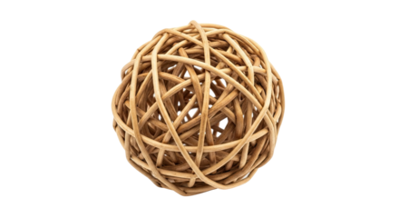A beautiful handmade wicker sphere with a complex interwoven design, crafted from natural wooden vines to create a rustic and organic decorative home accessory