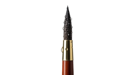 Dramatic close-up of a wet artist's paintbrush, with detailed water droplets clinging to the fine black bristles above a golden ferrule and polished wooden handle