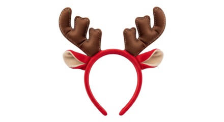 A charming Christmas costume accessory with a red fabric headband, soft brown reindeer antlers with white stitching, and small ears for a festive holiday celebration