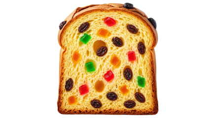 A delicious close-up slice of traditional sweet holiday bread, showcasing its soft, porous texture filled with colorful candied fruits and sweet raisins