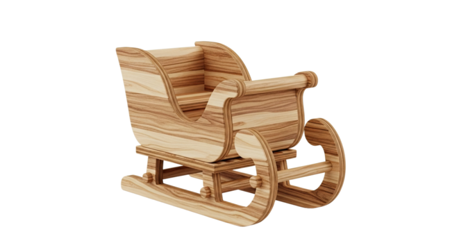 A beautifully crafted decorative wooden sleigh with a prominent natural grain texture, featuring a classic traditional design for the festive winter holiday season