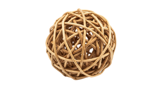 A beautiful handmade wicker sphere with a complex interwoven design, crafted from natural wooden vines to create a rustic and organic decorative home accessory